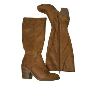 Ruff Hewn Boots 3” Block Heel Knee High Zip Close Tan Faux Leather 90s Y2K Club